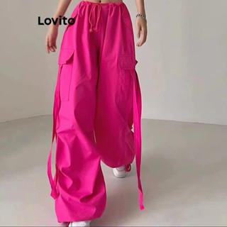 Lovito กางเกงลําลอง แบบผูกเชือก มีกระเป๋า สําหรับผู้หญิง LNE17050 (สีชมพูสุดฮิต)