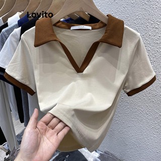 Lovito เสื้อยืดลําลอง บล็อกสีล้วน สําหรับผู้หญิง LNA17036 (สีกากี)