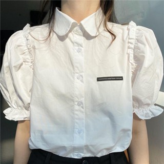 เสื้อเชิ้ตแขนสั้น อเนกประสงค์ แต่งระบาย สีพื้น แฟชั่นสําหรับผู้หญิง