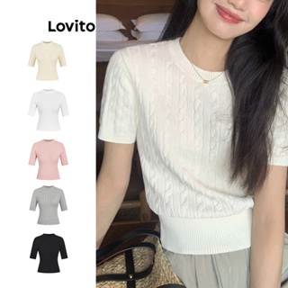 Lovito เสื้อท็อปแขนสั้นลําลอง ผ้าถัก แบบเรียบ สําหรับผู้หญิง L61AD146 (แอปริคอท/เทา/ขาว/ชมพู/ดํา)