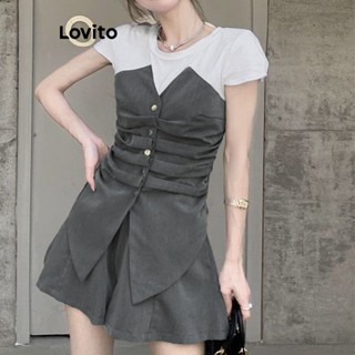 Lovito ชุดกางเกงขาสั้น สง่างาม สีพื้น สําหรับผู้หญิง LNE16212 (สีเทา)