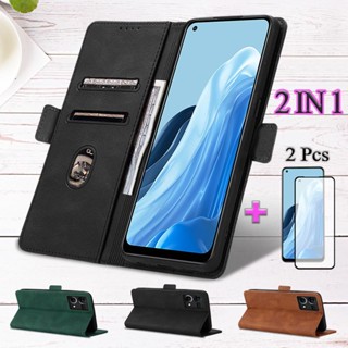 2 IN 1 เคสโทรศัพท์หนัง เรียบง่าย พร้อมตัวป้องกันหน้าจอเซรามิค สําหรับ OPPO Reno 7 4G