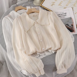 เสื้อเชิ้ตแขนยาว คอตุ๊กตา สีขาว สําหรับผู้หญิง C11805