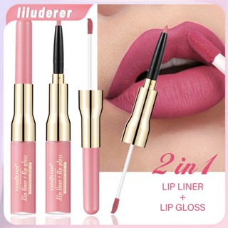 Yabaolian Double-headed Lip Gloss Lip Liner แต่งหน้า Matte Waterproof Lip Glaze Matte Velvet Lip Gloss HO