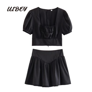 Uibey เสื้อคอสี่เหลี่ยม แบบพับ + กระโปรงยาวครึ่ง 4490