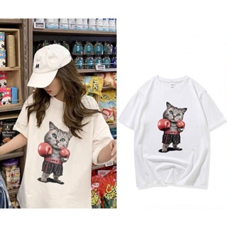 -kfcshopkfc88-เสื้อยืด คอกลม แขนสั้น ผ้านิ่ม พิมพ์ลายแมวนักมวย น่ารักๆ สไตล์เกาหลี  #9636