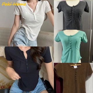 พร้อมส่ง เสื้อยืดเเขนสั้นสไตล์เกาหลีเรียบง่ายสีพื้นๆ สวมใส่สบาย