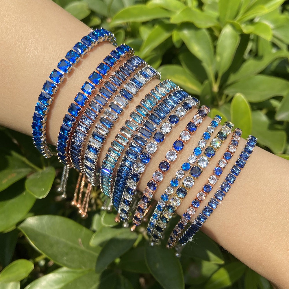 สร้อยข้อมือเทนนิส ปรับได้ สําหรับผู้หญิง สีฟ้า แวววาว เพทาย คริสตัล โซ่ บนมือ สุภาพสตรี เสน่ห์ สร้อยข้อมือ เทรนด์ เครื่องประดับ ของขวัญเด็กผู้หญิง
