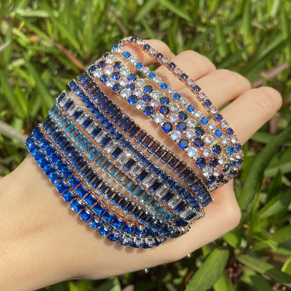 สร้อยข้อมือเทนนิส ปรับได้ สําหรับผู้หญิง สีฟ้า แวววาว เพทาย คริสตัล โซ่ บนมือ สุภาพสตรี เสน่ห์ สร้อยข้อมือ เทรนด์ เครื่องประดับ ของขวัญเด็กผู้หญิง