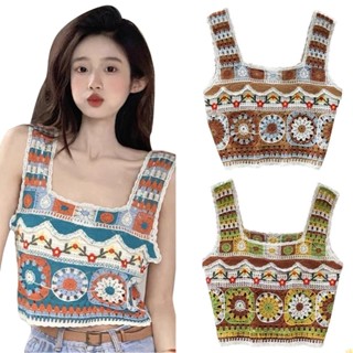 Yili เสื้อครอปท็อป แขนกุด ผ้าถักโครเชต์ คอสี่เหลี่ยม ลายดอกไม้ ฉลุลาย เหมาะกับฤดูร้อน สําหรับผู้หญิง