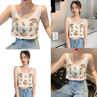 Yili เสื้อครอปท็อป แขนกุด สายคล้องสปาเก็ตตี้ ถักโครเชต์ ลายดอกไม้ ฤดูร้อน สําหรับผู้หญิง