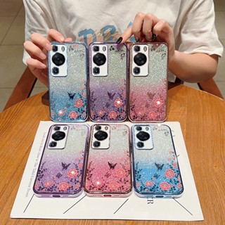 เคสโทรศัพท์มือถือแบบนิ่ม TPU กันกระแทก แต่งกลิตเตอร์ ไล่โทนสี ลายดอกไม้ หรูหรา สําหรับ Huawei P60 Pro P60PRO P50 40 30 P40PRO P30PRO