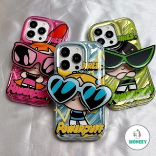 เคสโทรศัพท์มือถือ ซิลิโคนนิ่ม แบบใส ลาย Powerpuff Girls พร้อมที่ตั้งวาง แฟชั่น สําหรับ iPhone 14 12 11 13 Pro Max Xr Xs 7 8 Plus