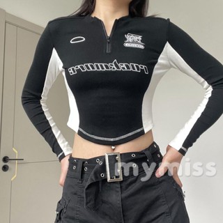 Mymiss1 เสื้อยืดครอป แขนยาว มีซิป พิมพ์ลายตัวอักษร โชว์สะดือ สําหรับผู้หญิง