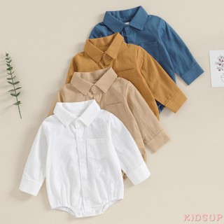 Kidsup1- ชุดจั๊มสูทรอมเปอร์ แขนยาว คอปก กระดุมหน้า สีพื้น พร้อมกระเป๋า สําหรับเด็กผู้ชาย เด็กวัยหัดเดิน