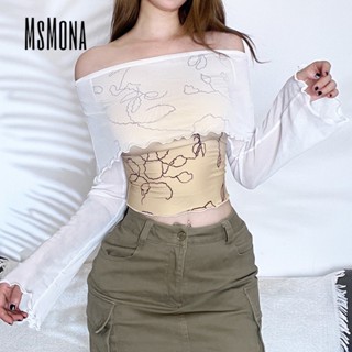 Msmona ใหม่ เสื้อยืดแขนยาว คอเดียว ผ้าตาข่าย พิมพ์ลาย เข้ารูป แฟชั่นสําหรับผู้หญิง 2023