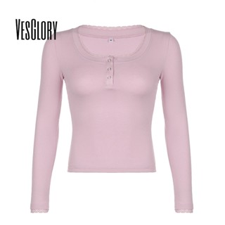 Vesglory เสื้อครอปท็อปแขนยาว คอกลม ทรงสลิมฟิต สีพื้น แฟชั่นสําหรับผู้หญิง 2023