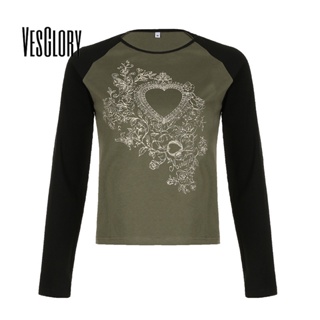 Vesglory เสื้อครอปท็อปแขนยาว คอกลม พิมพ์ลาย สีตัดกัน แฟชั่นสําหรับสตรี 2023