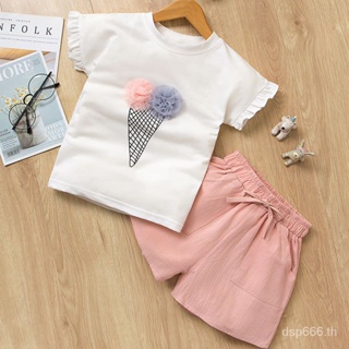 Girls suit 2023 Summer new short-sleeved ice cream casual childrens clothing Western style shorts two-piece set one-piece delivery 7JIJ