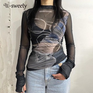 U-sweety เสื้อยืด คอกลม แขนยาว ผ้าตาข่ายซีทรู สําหรับผู้หญิง 2023