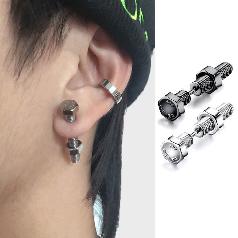 1 ชิ้น สเตนเลส สกรู ต่างหูสตั๊ด พังก์ สีดํา สร้างสรรค์ ต่างหู ฮิปฮอป เครื่องประดับ