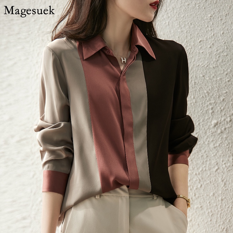 เสื้อเชิ้ตแขนยาว ผ้าซาติน คอปกโปโล ทรงหลวม ขนาดใหญ่ แต่งกระดุม สไตล์เรโทร แฟชั่นฤดูใบไม้ร่วง สําหรับผู้หญิง 2023