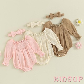 Kidsup1 ชุดรอมเปอร์ บอดี้สูท แขนยาว คอสี่เหลี่ยม แต่งขอบลูกไม้ สีพื้น พร้อมที่คาดผม สําหรับเด็กทารกแรกเกิดผู้หญิง