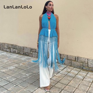 Lanlanlolo เสื้อท็อปลําลอง เปิดหลัง สีพื้น เข้ากับทุกการแต่งกาย แฟชั่นสําหรับสตรี 2023