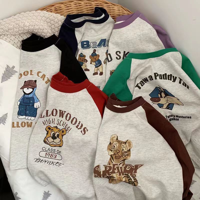 เสื้อยืดแขนยาว ผ้าฝ้าย พิมพ์ลายการ์ตูน Raglan สีคอนทราสต์ สําหรับเด็กผู้ชาย 2023