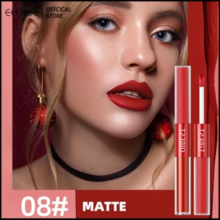 Qibest Velvet Matte Waterproof Non-stick Cup ลิปกลอสไม่ซีดจาง 2-in-1 Double Matte Lip Glaze แต่งหน้า-eelhoe