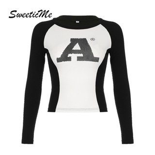 Sweeticme เสื้อยืดคอกลม แขน Raglan พิมพ์ลาย เข้ารูป สีตัดกัน แฟชั่นใหม่ สําหรับผู้หญิง 2023