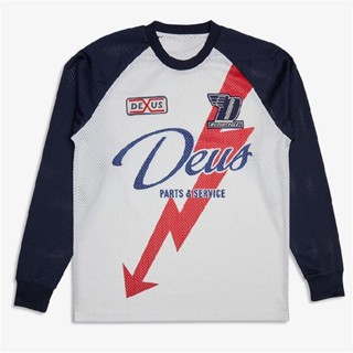 เสื้อยืดแขนยาว พิมพ์ลาย Deus EX Jersey Team Bike Downhill สีแดง สไตล์เรโทร สําหรับผู้ชาย เหมาะกับการขี่รถจักรยานวิบาก