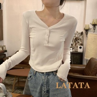 Latata-เสื้อครอปท็อปแขนยาวลําลอง คอวี เข้ารูป แต่งกระดุม สีพื้น แฟชั่นฤดูร้อน สําหรับผู้หญิง