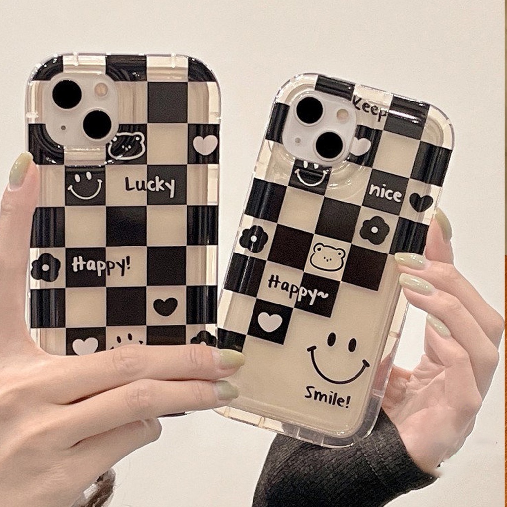 เคสโทรศัพท์มือถือแบบนิ่ม ลายตารางหมากรุก หน้ายิ้ม สําหรับ For IPhone 11 14 13 12 Pro Max 7 8 Plus X XS Max XR SE se2