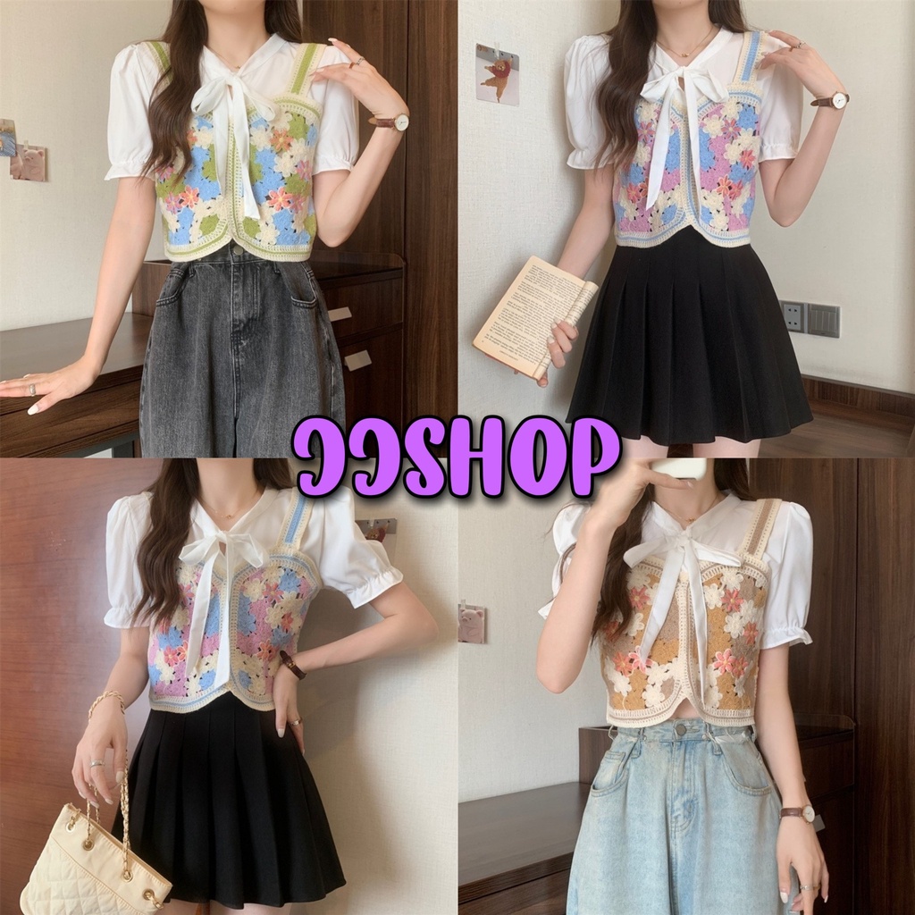 JJ Shop​ ​พร้อมส่ง เสื้อแขนสั้นไหมพรม ดีเทลผูกโบว์ตรงคอ แขนผ้าชีฟอง "72028" -C