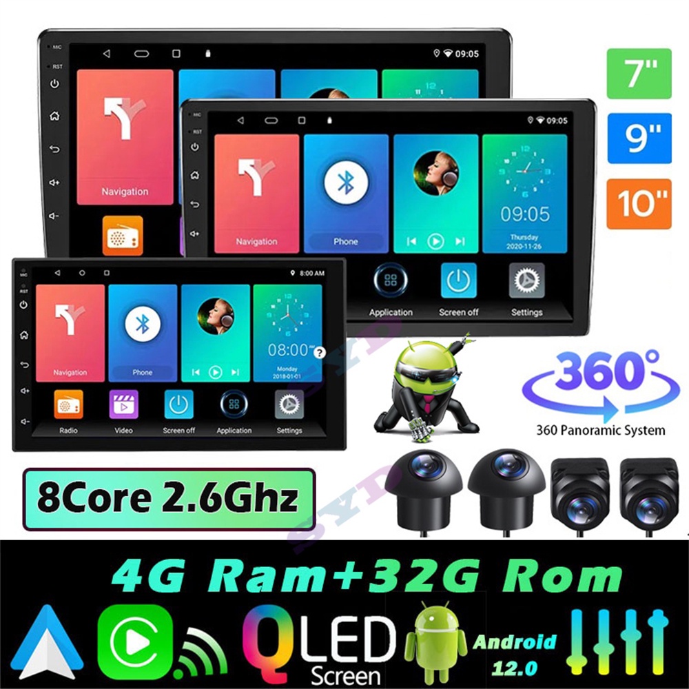 【QLED 4g+32g 8 core】เครื่องเล่น Android 7 9 10 นิ้ว 2din Android 12 วิทยุบลูทูธ รองรับกล้องพาโนรามา 360