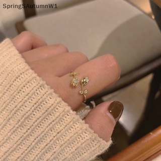 [SpringSAutumnW] แหวนนิ้วมือ ประดับเพทาย รูปดอกทิวลิปน่ารัก สีทอง ปรับได้ เครื่องประดับแฟชั่น สําหรับผู้หญิง