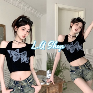 L.A Shop ​พร้อมส่ง เสื้อไหมพรมแขนสั้น เพิ่มสายคล้องคอลายผีเสื้อ "M5871" -C