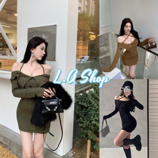 L.A Shop ​พร้อมส่ง ชุดเดรสแขนยาว เปิดไหล่ผ้าร่อง "58097"-C