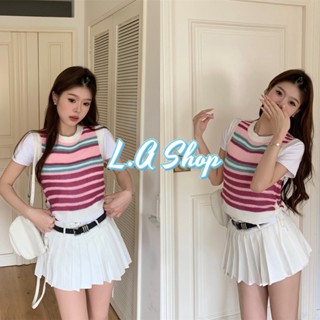 L.A Shop ​พร้อมส่ง เสื้อครอปถักไหมพรมสีชมพู ดีเทลลายทาง "32178" -C