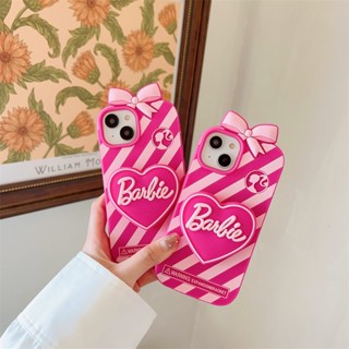 เคสโทรศัพท์มือถือ ซิลิโคนนิ่ม ลายบาร์บี้ ประดับโบว์ สีชมพู สําหรับ Apple iPhone 11 14 13 12 Pro Max 14Pro 13 Pro Max 12Pro 15 Pro Max