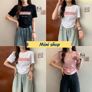 Mini shop🌸พร้อมส่ง🌸 (52201) เสื้อไหมพรม พิมพ์ลายตัวอักษร แขนสั้นสีพื้น-C