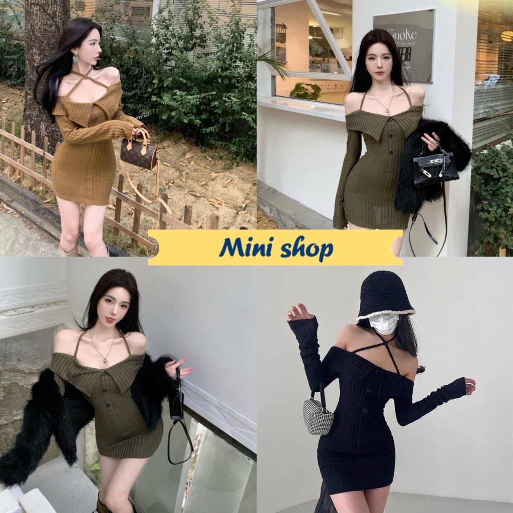 Mini shop พร้อมส่ง (58097) ชุดเดรสไหมพรมเปิดไหล่ ผ้าร่องแขนยาว -C