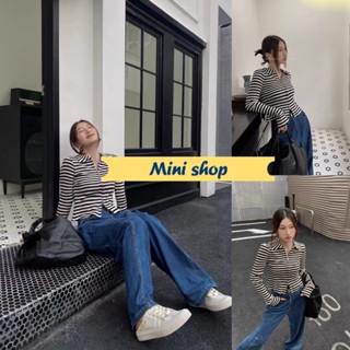 Mini shop🌸พร้อมส่ง🌸 (28070NEW) เสื้อไหมพรมแขนยาว สไตล์เกาหลีดีเทลลายทาง -C