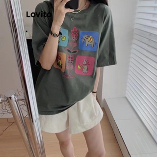 Lovito เสื้อยืดลําลอง ลายการ์ตูน สําหรับผู้หญิง LNA17207 (สีเทาเข้ม)