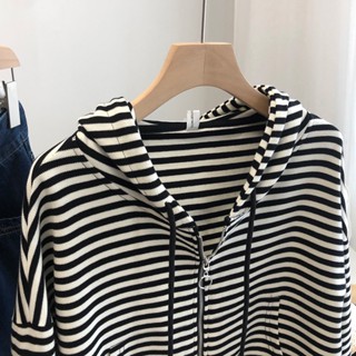 8151# thin sweatshirt Womens hooded cardigan zipper striped hoodie