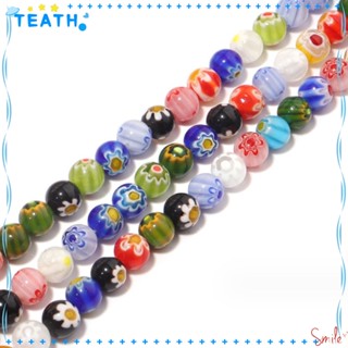 Teath ลูกปัดแก้ว ทรงกลม ลายดอกไม้ คละสี สําหรับสร้อยคอ 3 เส้น 144 ชิ้น