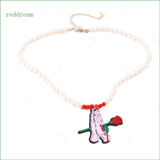 Redd สร้อยคอโซ่ จี้ดอกกุหลาบ ปาล์ม ประดับมุก สีแดง สําหรับปาร์ตี้ฮาโลวีน