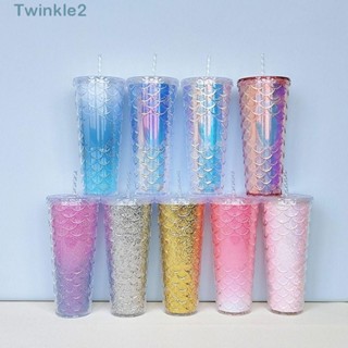 Twinkle ขวดน้ําพลาสติก แบบสองชั้น สเกลปลา 24 ออนซ์ ใช้ซ้ําได้ พร้อมฝาปิด และหลอดดูด สําหรับผู้หญิง