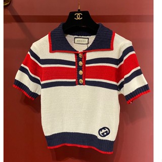 ♥ เช็คสินค้าก่อนสั่ง GUCCI COTTON STRIPE POLO TOP เสื้อโปโล เสื้อไหมพรม ผ้านิต เนื้อเด้ง สวยมาก กุชชี่